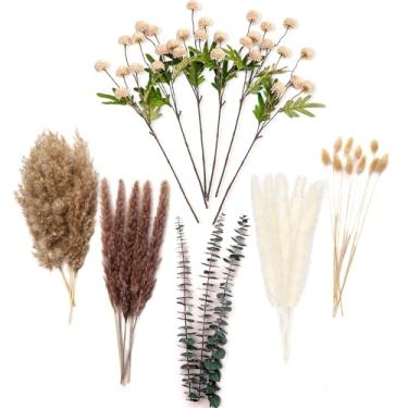 Imagem de RoseTalk Simulação de decoração de flores artificiais de luxo arranjos de flores – Flores artificiais realistas com peônias bege e branco, grama de pampa seca, rabos de coelho e eucalipto