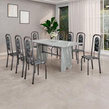Imagem de Conjunto de Mesa Tubular 180cm X 75cm Tampo Granito Topázio com 8 Cadeiras Lara Preto/Prata