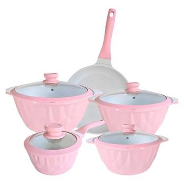 Imagem de Jogo 5 Panela Indução Cerâmica Marmoriza - Docesar, Floral rosê, Bege