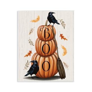 Imagem de Stupell Industries Arte de placa de parede Boo Crows & Pumpkins, design por Elizabeth Tyndall, 28 x 35 cm