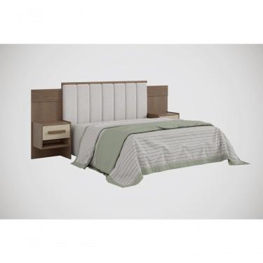 Imagem de Cabeceira Para Cama Queen Size Ripada Irís Estofada Com 2 Mesas De Cabeceira D` Doro Castanho/linho/ripado