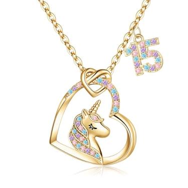 Imagem de Hidepoo Presentes de unicórnio de aniversário para meninas – Colar de unicórnio banhado a ouro 14 K, presentes de aniversário para meninas de 3 a 16 anos, colar de unicórnio com pingente de coração de zircônia cúbica colorido para meninas, joias de presente, Metal, Zircônia cúbica
