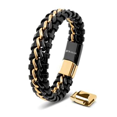 Imagem de SERASAR | Pulseira de couro genuíno premium [aço] para homens em preto | Fecho magnético de aço inoxidável em preto, prata e ouro | Caixa de joias exclusiva | Ótima ideia de presente, 23cm, Couro, Sem