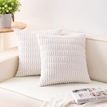 Imagem de Aegero Pacote com 2 capas de almofada decorativas de veludo cotelê 45,7 x 45,7 cm Capas de almofada listradas boho modernas decoração de casa de fazenda para sofá, sala de estar, sofá-cama (branca)