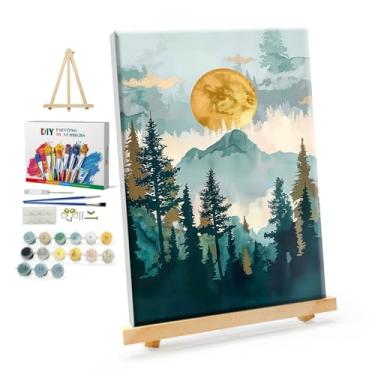 Imagem de YOYA Kit de pintura emoldurada por números para adultos - kits de pintura por números para adultos montanha em tela com cavalete, pintura de lua de montanha DIY por número tela emoldurada para