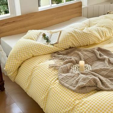 Imagem de Cobertor ponderado amarelo guingão 203 cm x 221 cm, capa de edredom xadrez de microfibra pré-lavada macia para cobertor pesado, capa de edredom de grade pesada (guingão amarelo, 203 x 221 cm)
