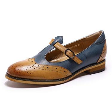 Imagem de Mona flying Sapato feminino de couro Wingtip Oxford Mary Jane Mocassim casual com tira em T para mulheres, Marrom-azul, 40