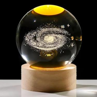 Imagem de Luminária Cristal de Mesa Sistema Solar Saturno Lua Galáxia LED Base Madeira Enfeite Decorativo Casa (Galaxia)