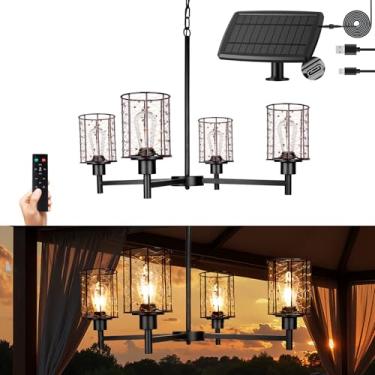 Imagem de ALL FORTUNE Lustre solar para ambientes externos, 4 luzes pendentes de fio de cobre de 50,8 cm, à prova d'água, regulável, lustre externo para gazebo, varanda, pérgola,