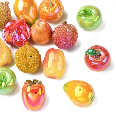 Imagem de Stiesy 10 contas galvanizadas de resina de frutas, ameixa, melancia, maçã, manga, lichia durian, contas soltas, suprimentos de joias para colares, caneta, corrente de telefone celular e faça você