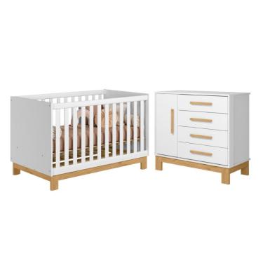 Imagem de Berço e Cômoda Nauru com 1 Porta e 4 Gavetas em MDP 94 cm Branco Acetinado Casa H