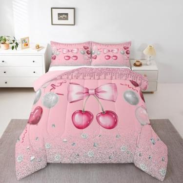 Imagem de Erosebridal Jogo de cama casal com laço rosa e branco, com laço rosa e branco, com nó de borboleta, princesa, flor de cerejeira, conjunto de edredom kawaii com balões rosa e estampa de diamante
