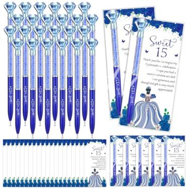 Imagem de Sayglossy 50 conjuntos de lembrancinhas de festa de quinze anos, presentes de agradecimento, grandes canetas de diamante de cristal com cartões de agradecimento, canetas esferográficas retráteis, 15