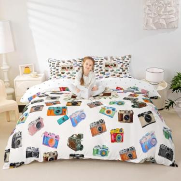 Imagem de Conjunto de capa de edredom com estampa de câmera, tamanho casal, 3 peças para decoração de quarto de crianças, meninas, meninos, adultos, capa de edredom colorida moderna, 2 fronhas