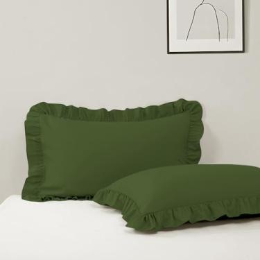 Imagem de Conjunto de 2 fronhas King de microfibra, 51 x 91 cm, verde oliva, com babados, macias, respiráveis e sem encolhimento, fronhas fofas