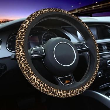 Imagem de Capa para volante de caça preta com estampa de leopardo marrom chita acessórios de carro fofos para mulheres meninas universais 38 cm neoprene decoração interior automotiva protetor de carro caminhão