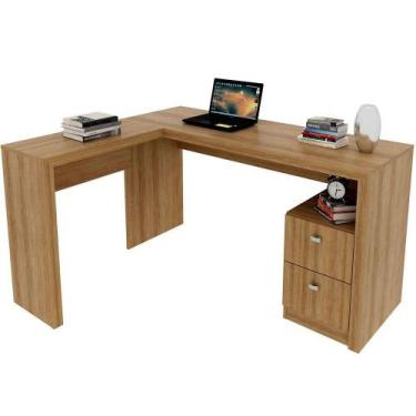 Imagem de Mesa De Canto Para Escritório Em L Angular Com 2 Gavetas Amêndoa - TEC