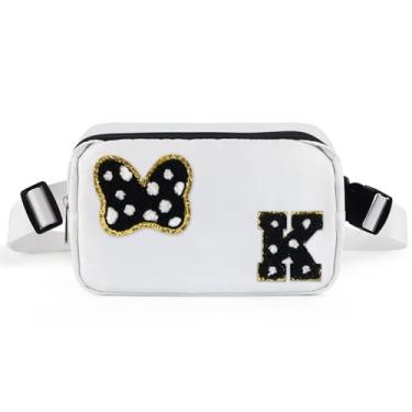 Imagem de Pochete com laço com letra inicial de chenille, bolsa tiracolo impermeável para parque, presentes de aniversário de Natal para adolescentes, meninas, mulheres, crianças, adultos, bolsa de cinto fofa