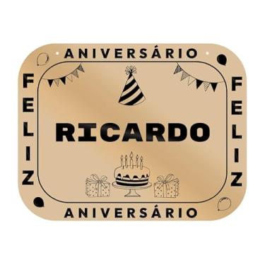 Imagem de Placa Feliz Aniversário Ricardo em MDF, 19x14 cm, com 2 Furos para Pendurar