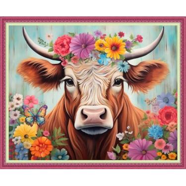 Imagem de Disnesart Kits de bordado completo estampado ponto cruz DIY 11CT fio de algodão impresso kits de bordado artesanato conjunto de bordado ponto cruz conjuntos estampados - flores coloridas, vacas