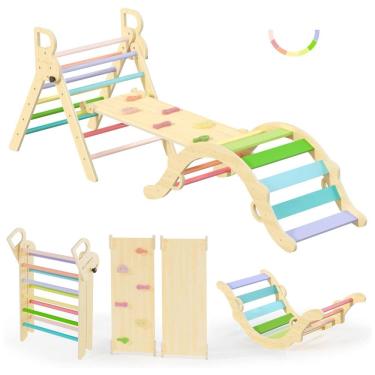 Imagem de Conjunto BlueWood Pikler Triangle: Brinquedo de Escalada de Madeira para Crianças, Montessori com 7 em 1, Design Exclusivo e Colorido