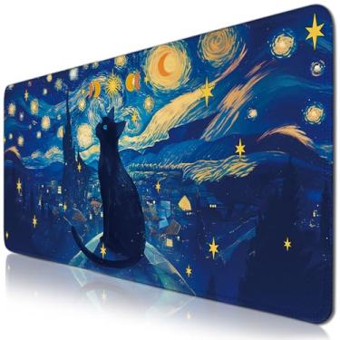 Imagem de Tapete de rato para jogos de gato preto estrelado grande, tapete de rato de gato Van Gogh Base antiderrapante com borda costurada, tapete de acessórios de mesa, presente para amantes de gatos, para