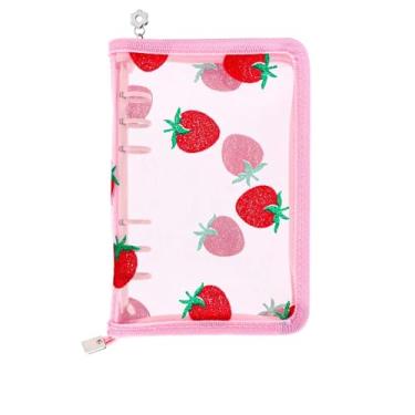 Imagem de AxeWoodz Fichário rosa A6 transparente recarregável, capa de renda de morango, 6 anéis, capa para fichário de PVC para agenda de fotos, álbum de fotos