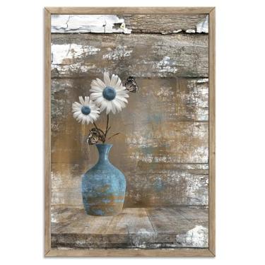 Imagem de Farmhouse girassol arte de parede rústica azul marrom pintura país floral pôster impressões quadro de madeira imagem pintura em tela impressões para quarto sala de estar decoração de casa 16X24