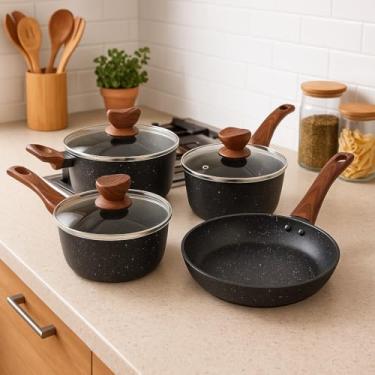 Imagem de Conjunto Panelas Preta 4 Peças Antiaderente Stone Fundo Triplo Indução Tampa Vidro Compatível Todos Fogões