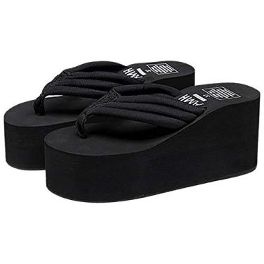 Imagem de QZUnique sandália feminina de salto alto plataforma anabela chinelos sandálias de praia moda chinelo verão tanga, 3.14" Heel-black, 9-9.5 Wide