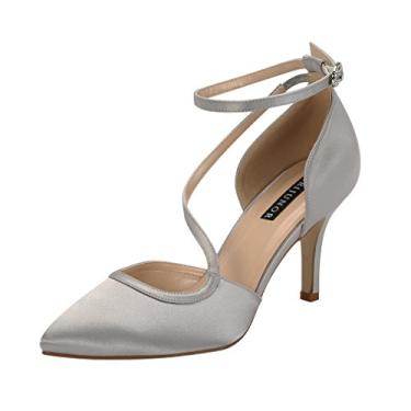 Imagem de ERIJUNOR sapato feminino confortável salto médio tiras no tornozelo vestido escarpim bico fino cetim casamento noite festa, Prata, 11