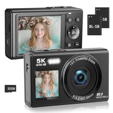 Imagem de Câmara digital 5K 80MP com luz de preenchimento e zoom de 16X, câmara de vlogging de ecrã duplo para YouTube/Blogging, WiFi, cartão TF de 32 GB, 2 baterias, LCD de 2,8 polegadas, correia da câmara (X9