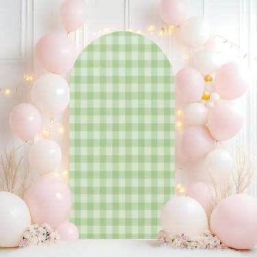 Imagem de Capa de fundo de arco de casamento, 1,8 m, verde e branco, xadrez, elastano, arco, redondo, para decoração de festa de aniversário, cerimônia, banquete