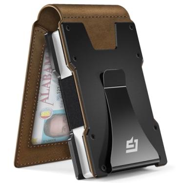 Imagem de Carteira masculina com clipe de dinheiro fina para presente masculina no bolso frontal com 15 cartões - Estojo de metal para cartão de crédito com flip magnético, Marrom escuro, Minimalista