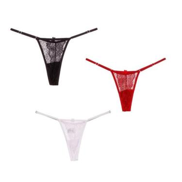 Imagem de Kit 3 Calcinhas Sexy Rendada Fio Dental Lingerie Feminina Com Regulage