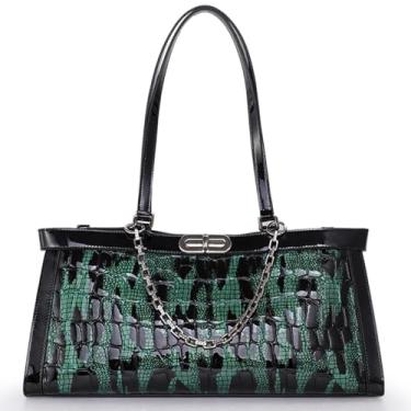 Imagem de AIDRANI Bolsa feminina com alça de corrente destacável, couro PU e estampa de crocodilo em relevo, preta, Verde escuro