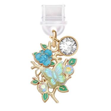 Imagem de ELISE & FONDA TP820 Tipo-C porta de carregamento plugue antipoeira pequena borboleta em flores pingente de celular para iPhone 15/16/Samsung/OnePlus/Xiaomi/oppo telefones Android (azul)