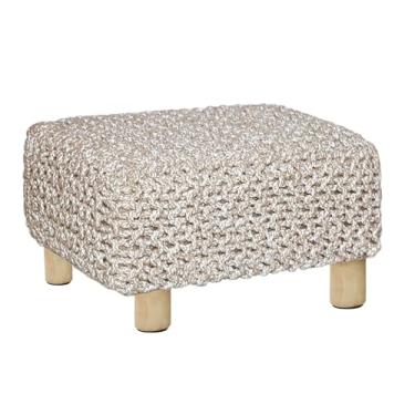 Imagem de COTTON CRAFT Apoio para os pés trançado de tweed – Banqueta Dori tricotada à mão com pernas de madeira resistente – descanso de perna boho – espaços pequenos sob a mesa entrada da sala de estar pufe