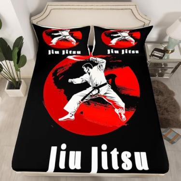 Imagem de Manfei Jogo de cama solteiro Jiujitsu, estilo japonês, esportivo, 2 peças, tema esportivo de judô, com 1 fronha, decoração de quarto de crianças, adolescentes e adultos, roupa de cama macia (sem