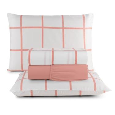 Imagem de Jogo de Cama Casal Box 4 Peças Micropercal 200 Fios com Lençol com Elástico e Fronhas – Toque Aveludado(Grid Branco c/Rose)