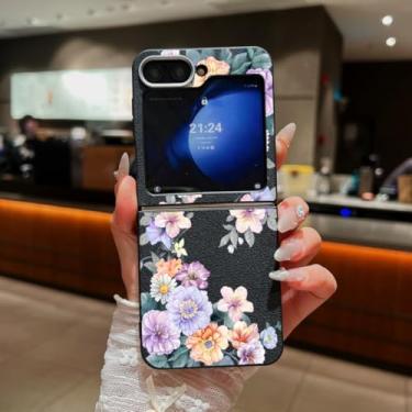 Imagem de Capa para Samsung Galaxy Z Flip 3 com estampa floral, textura de couro, dobrável, capa de TPU macio (para Samsung Galaxy Z Flip 3/A745, preta)