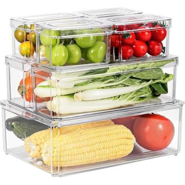Imagem de Organizador de Geladeira Pote de Alimentos, Kit 7 Potes Herméticos, Organizador de Geladeira com Escorredor Interno, Caixas Empilháveis com Tampa para Armazenamento no Frigorífico