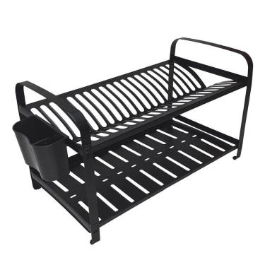 Imagem de Escorredor De Inox 20 Pratos Preto Com Porta Talher