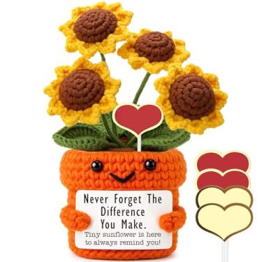 Imagem de Presente feito à mão de girassol de crochê – Vaso de flores pequeno edificante que diz que você faz a diferença – Presente positivo de agradecimento para mulheres, amigos, colegas de trabalho – apenas