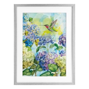 Imagem de Stupell Industries Impressão emoldurada de hortênsias de primavera com beija-flor cinza design sob vidro por Tim Coffey, 23 x 17