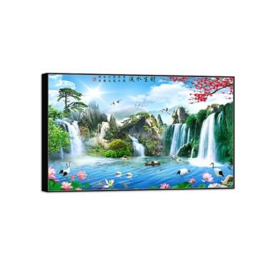 Imagem de BMZFYBS Impressão em tela de paisagem - Lago da montanha Lotus Birds-Nature Wall Art Chinoiserie Picture-Black Frame Decoration Poster 40x65cm16x26in