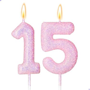 Imagem de 15 velas, decorações de aniversário de 15 anos para meninas, 15 velas rosa para bolo de aniversário, 15 enfeites de bolo para meninas de 15 anos, decoração de bolos, lembrancinhas de artigos de festa