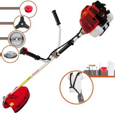 Imagem de Roçadeira À Gasolina Kawashima KW52-L 52cc 2,5HP 10.000rpm Motor 2T Com Lâmina 3 Pontas + Lâmina 40 Dentes Vídea + Escova de Aço + Carretel de Nylon