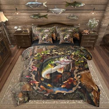 Imagem de Erosebridal Conjunto de cama masculino de 7 peças, tamanho casal, para pesca e caça, peixe, lúcio, para meninos, adultos, rústico, com enchimento de edredom