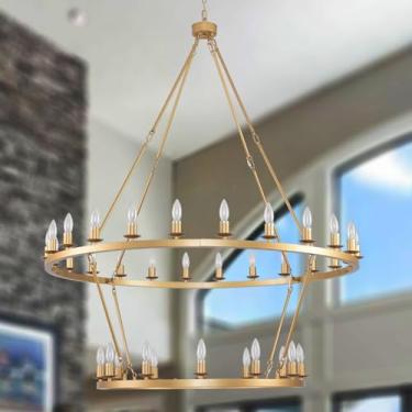 Imagem de JKLX Lustre de roda de vagão extra grande dourado de 2 camadas de 48 polegadas com 36 luzes Farmhouse Industrial redondo para teto alto, corrente ajustável, para sala de jantar, sala de estar